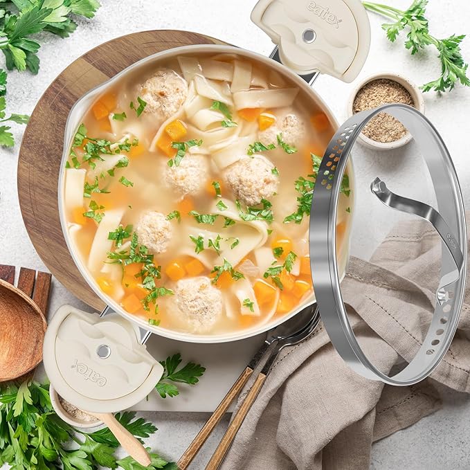 Eatex Pasta Pot with Strainer Lid - 5 Quart Multipurpose Stock Simmer Spaghetti with Strainer - Twist & Lock Handles, Nonstick Ceramic Stainless Steel Tempered Glass Cream - Image 9