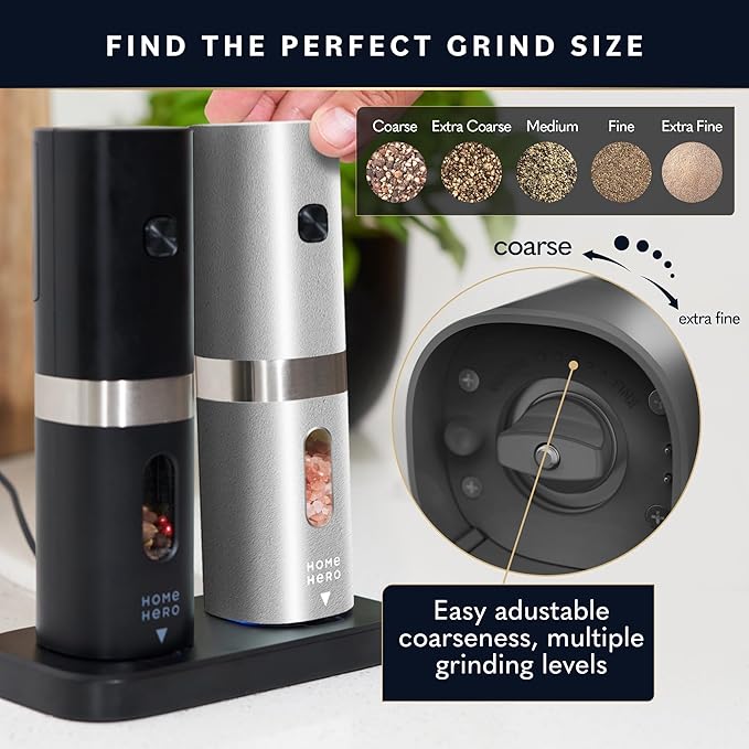 Home Hero Electric Salt and Pepper Grinder Set - Automatic Salt and Pepper Grinder Set Rechargeable. Electronic Salt and Pepper Shakers with LED Light, Electric Pepper & Salt Grinder, Set of 2 - Image 3