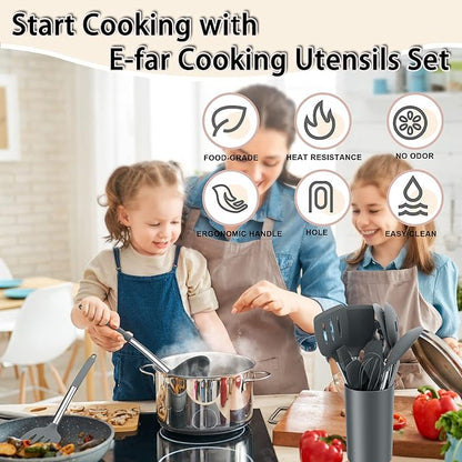 Silicone Cooking Utensils Set, E-far 14-Piece Gray Kitchen Utensils Set with Holder, Kitchen Tools Spatulas with Stainless Steel Handle for Non-stick Cookware, Heat Resistant & Dishwasher safe - Image 7