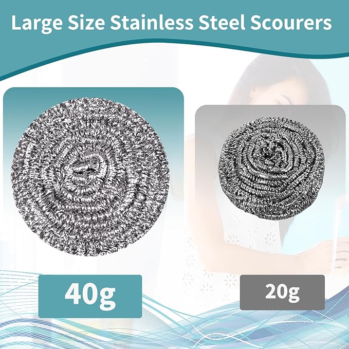 Carrie Joe Stainless Steel Scourer Heavy Duty Scrubber Pads Steel Wool Pack of 6,40g - Image 3