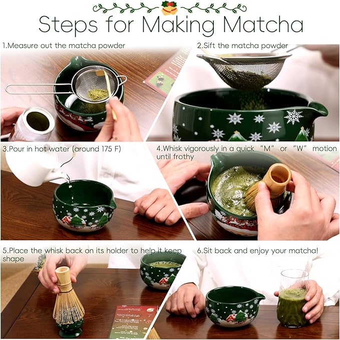 Christmas Matcha Whisk Set, Ceramic Matcha Set Includes Bowl & Holder, Bamboo Whisk (Chasen), Scoop, Spoon and Sifter, 6PCS Matcha Kit Covers Everything Needed for Making Matcha - Image 6