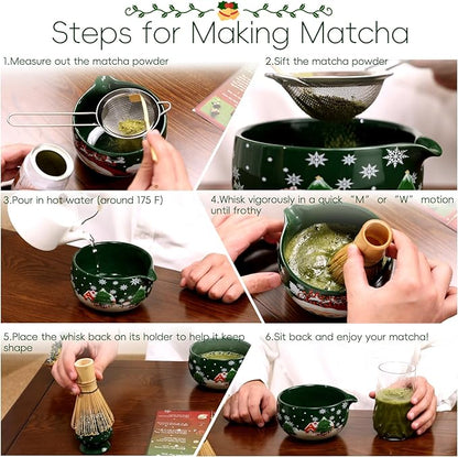 Christmas Matcha Whisk Set, Ceramic Matcha Set Includes Bowl & Holder, Bamboo Whisk (Chasen), Scoop, Spoon and Sifter, 6PCS Matcha Kit Covers Everything Needed for Making Matcha - Image 6