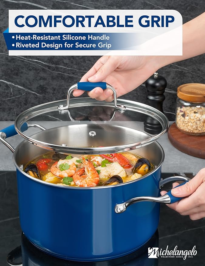 MICHELANGELO Stainless Steel Stock Pots - Induction Soup Pot with Lid, 6 Qt Non-Toxic Cooking Pot, Oven & Dishwasher Safe, Blue Exterior - Image 5