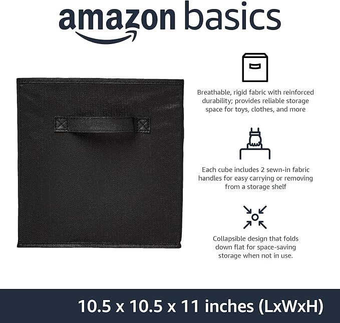 Amazon Basics Collapsible Fabric Storage Bins Organizer with Handles, Sturdy, Foldable, 10.5" x 10.5" x 11", Black, 6-Pack - Image 2