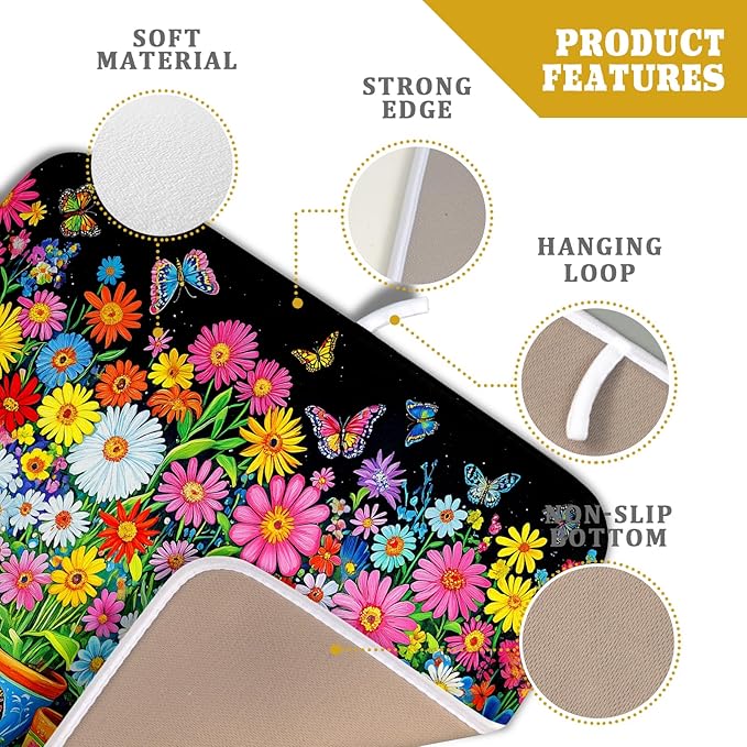 Colorful Floral Dish Drying Mat 16 X 18 Black Spring Flowers Absorbent Microfiber Kitchen Decor Counter Mats - Image 4