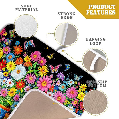 Colorful Floral Dish Drying Mat 16 X 18 Black Spring Flowers Absorbent Microfiber Kitchen Decor Counter Mats - Image 4
