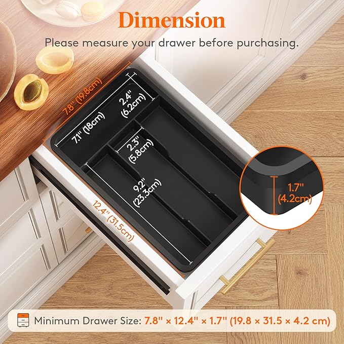 Lifewit Silverware Drawer Organizer Tray, Plastic Cutlery Storage for Kitchen, Flatware and Utensil Holder Divider for Spoons Forks Knives Tableware, 7.8 x 12.4", 4 Slots, Black - Image 2