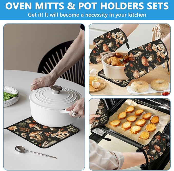 Watercolor Forest Mushroom Oven Mitts and Pot Holders Sets Heat Resistant 4Pcs Potholders Oven Gloves Hot Pads for Kitchen Baking Cooking Grilling BBQ