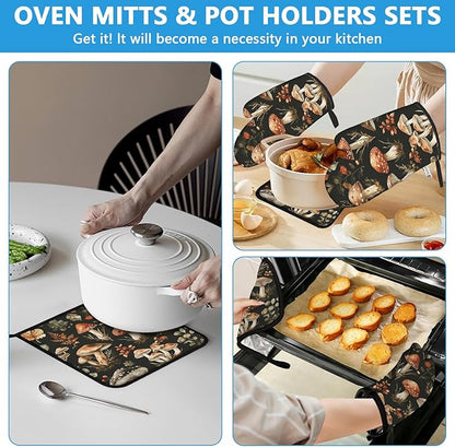 Watercolor Forest Mushroom Oven Mitts and Pot Holders Sets Heat Resistant 4Pcs Potholders Oven Gloves Hot Pads for Kitchen Baking Cooking Grilling BBQ