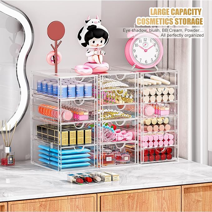 Acrylic 3 Pack Desk Organizers and Accessories, Makeup Organizer Storage With 15 Drawers, Desk Organizers, Dustproof Drawer Organizer and Storage for Make Up, Jewelry, DIY Pen - Image 2