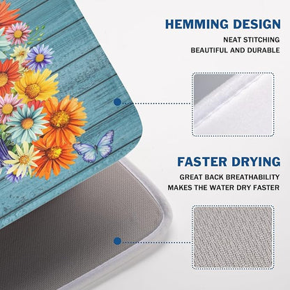 Vintage Floral Dish Drying Mat for Kitchen Counter Rustic Flower Vases Wooden Board Microfiber Dish Drainer Mat Spring Summer Absorbent Washable Drying Pad Extra Large 18"x24"