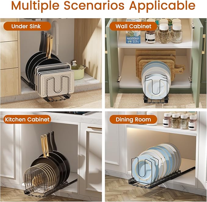 Housolution 2 Pack Pull Out Pot and Pan Organizer for Under Cabinet, Slide Out Pot Lid Organizer with 10 Adjustable Dividers, Sliding Pan Holder Storage Rack Inside Cabinet, Black - Image 3