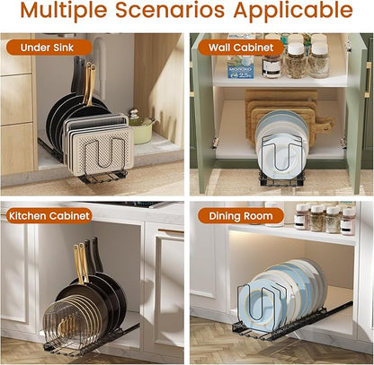 Housolution 2 Pack Pull Out Pot and Pan Organizer for Under Cabinet, Slide Out Pot Lid Organizer with 10 Adjustable Dividers, Sliding Pan Holder Storage Rack Inside Cabinet, Black - Image 3