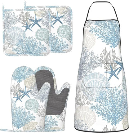 Nautical Coastal Oven Mitts Pot Holders Blue Cooking Apron Set of 5 Silicone Starfish Seashell Coral Beach Themed Kitchen Glove Blue Apron Non-Slip Heat Resistant for Chef Baking Cooking