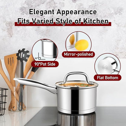 P&P CHEF 1 Quart & 2 Quart Saucepan with Lid Set, Stainless Steel Small Cooking Pot Induction Sauce Pan for Pasta Soup, Ergonomic Handle & Tri-ply Base, Dishwasher Safe, 2 Pan - Image 6