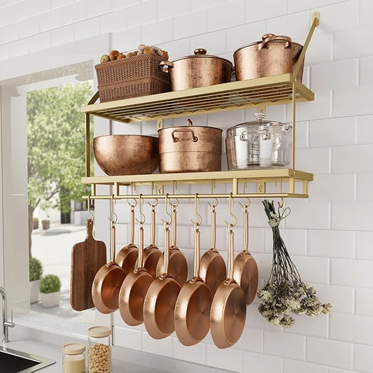 KES 30-Inch Gold Pot Rack Wall Mounted, 2-Tier Hanging Pot and Pan Organizer with 12 Sturdy Hooks, Elegant Modern Kitchen Wall Hanger Shelves, KUR215S75B-GD by KES