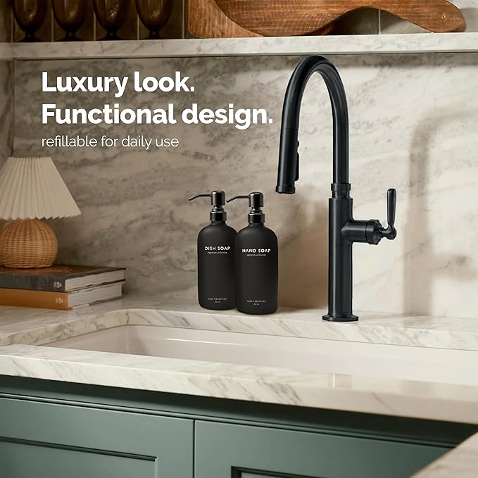 Vine Creations Black Glass Soap Dispenser Set, Dish Soap and Hand Soap Dispenser Set with Stainless Steel Pump, 16 oz Glass Dispensers for Kitchen Bathroom Decor (Matte Black Bottle/Matte Black Pump) - Image 4