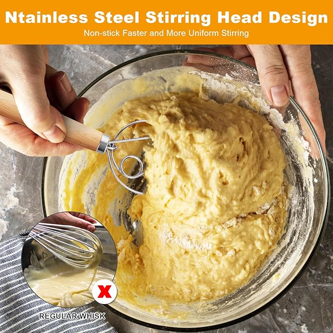 Aqdocvf 2-Pack Danish Dough Whisk, 13-Inch Dutch Whisk with Stainless Steel Ring, Dutch Bread Whisks for Sourdough, Pizza, Pastry, and Cookies, Essential Kitchen Cooking Safe Mixing Tool