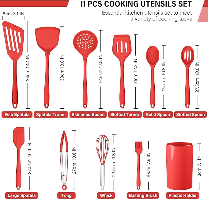 HaWare 11 PCS Silicone Cooking Utensils Set, Heat Resistant Kitchen Utensils with Holder, Food-grade Spatula Sets for Nonstick Cookware, Kitchen Tools Gadgets Include Fish Turner, Spoon (Red) - Image 2