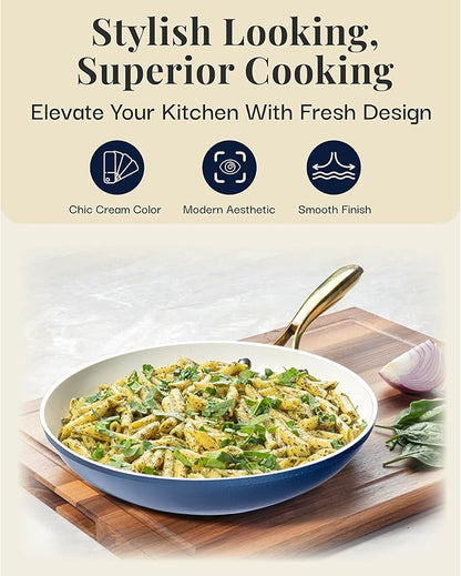 GOTHAM STEEL 10 Inch Non Stick Frying Pans Nonstick Frying Pan, Nonstick Pan, Cooking Pans, Non stick Skillet, Non-Stick Pan, 100% PFOA Free Ceramic Coating, Dishwasher Safe, Navy Cream