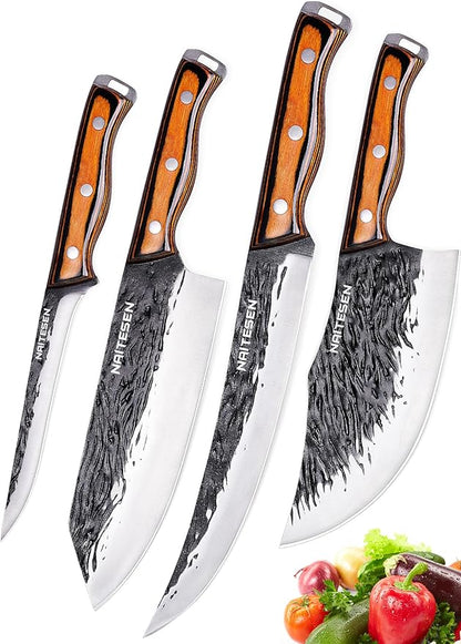 Naitesen 4PCS Hand Forged Butcher Knife and Kitchen Knife 2 in 1 Set, Heavy Duty Meat Cleaver Serbian Chef Knife Breaking Knife Boning Knife for Meat Cutting BBQ Gifts for Men Women by Naitesen