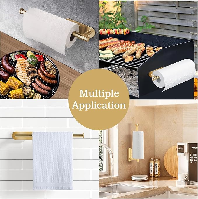 2PCS Fliverly Self Adhesive Paper Towel Holder Under Cabinet Mount, Wall Mounted Paper Towel Roll Holder for Kitchen, Bathroom, Wall,BBQ Grill, Gold