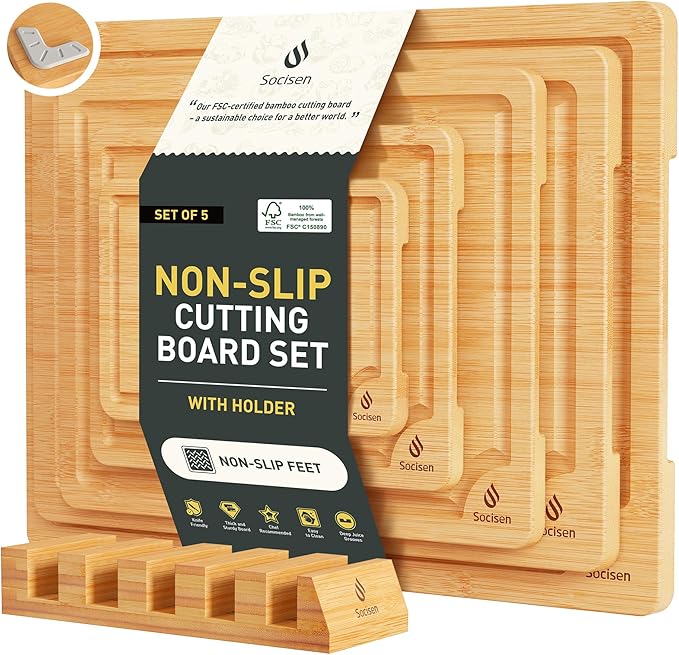 5 Packs Bamboo Cutting Board Set with Non Slip Feet Holder and Over Sink Nice Solid Thick Wood Juice Groove Chopping Board Small Big Xl XXl xlarge Oversized Kitchen Counter Organic Vegetable Meat Kit by Socisen