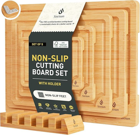 5 Packs Bamboo Cutting Board Set with Non Slip Feet Holder and Over Sink Nice Solid Thick Wood Juice Groove Chopping Board Small Big Xl XXl xlarge Oversized Kitchen Counter Organic Vegetable Meat Kit by Socisen