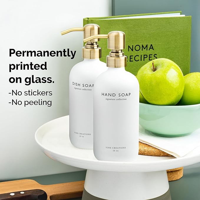 Vine Creations White Glass Soap Dispenser Set, Dish Soap and Hand Soap Dispenser Set with Stainless Steel Pump, 16 oz Glass Dispensers for Kitchen or Bathroom Decor (Matte White Bottle/Brushed Brass) - Image 3