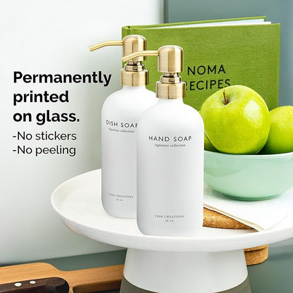 Vine Creations White Glass Soap Dispenser Set, Dish Soap and Hand Soap Dispenser Set with Stainless Steel Pump, 16 oz Glass Dispensers for Kitchen or Bathroom Decor (Matte White Bottle/Brushed Brass) - Image 3