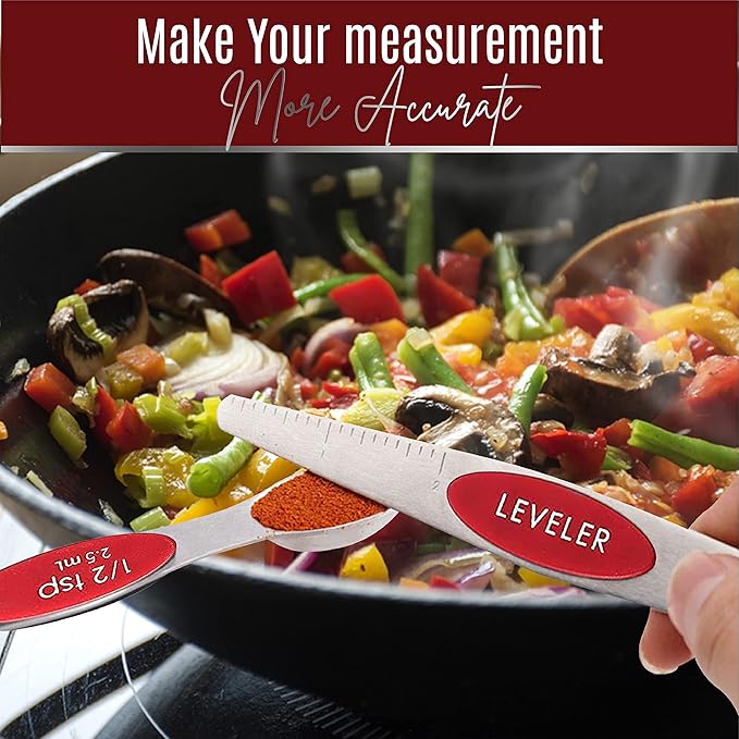 Magnetic Measuring Spoons Set of 9 Stainless Steel Dual-Sided Stackable Measuring Spoon Nesting Teaspoons Measuring Dry and Liquid Ingredients, Fits in Spice Jars Set of 9 (Red) - Image 9