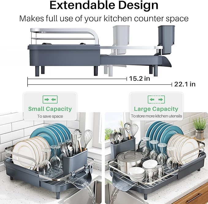 SNTD Dish Drying Rack, Expandable Dish Rack for Kitchen Counter, Stainless Steel Dish Drainer with Drainboard Set and Utensil Holder (Gray) - Image 2