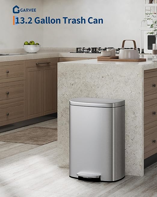 GarveeHome Stainless Steel Kitchen Trash Can, 13 Gal / 50 L Step-On Garbage Bin with Soft Close Lid, Large Rustproof Metal Trash Can for Kitchen, Silver - Image 2