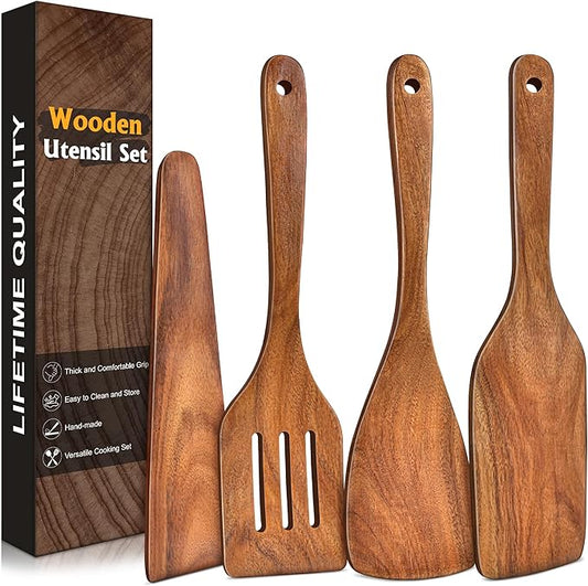 4Pcs Wooden Spatula for Cooking, Acacia Wooden Spatula for Kitchen Use, Nonstick Cookware Safe Utensils Set including Turner, Slotted Turner, Paddle and Scraper, Ideal Cooking Utensils Gift Set by Unknown