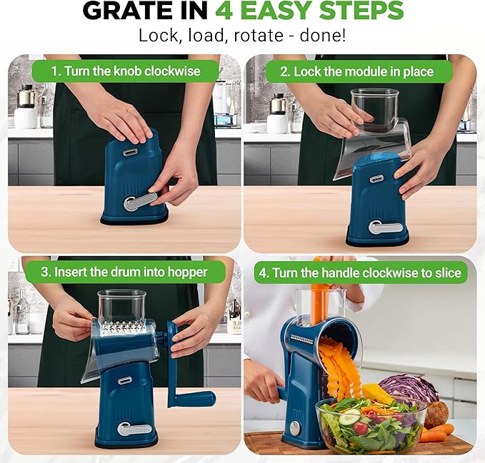 NutriChef 5 in 1 Cheese Grater & Shredder | 5 Different Blades for Thin, Thick, Julienne Strips, Wavy, & Straight Strips | Includes Hand Crank, Strong Suction Base & Storage Container | Blue - Image 2