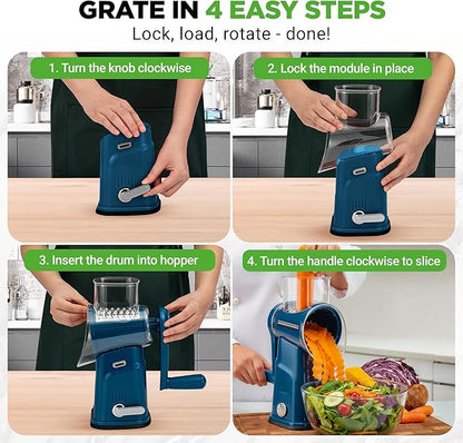 NutriChef 5 in 1 Cheese Grater & Shredder | 5 Different Blades for Thin, Thick, Julienne Strips, Wavy, & Straight Strips | Includes Hand Crank, Strong Suction Base & Storage Container | Blue - Image 2