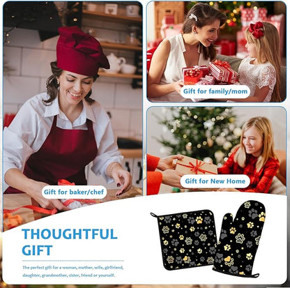 Gold Dog Paw Print Oven Mitts and Pot Holders Sets Heat Resistant 4Pcs Potholders Oven Gloves Hot Pads for Kitchen Baking Cooking Grilling BBQ