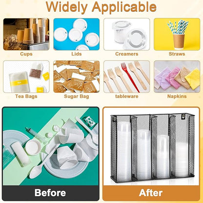 Wall Mount Portion Sauce Cup Lid Organizer 4 Compartments Iron Sauce Cup Dispenser Black Cup and Lid Holder Organizer Fits Cups Size 2 to 5.5 oz For Kitchen Counter Restaurant Coffee Bar 13x10x3.3 In