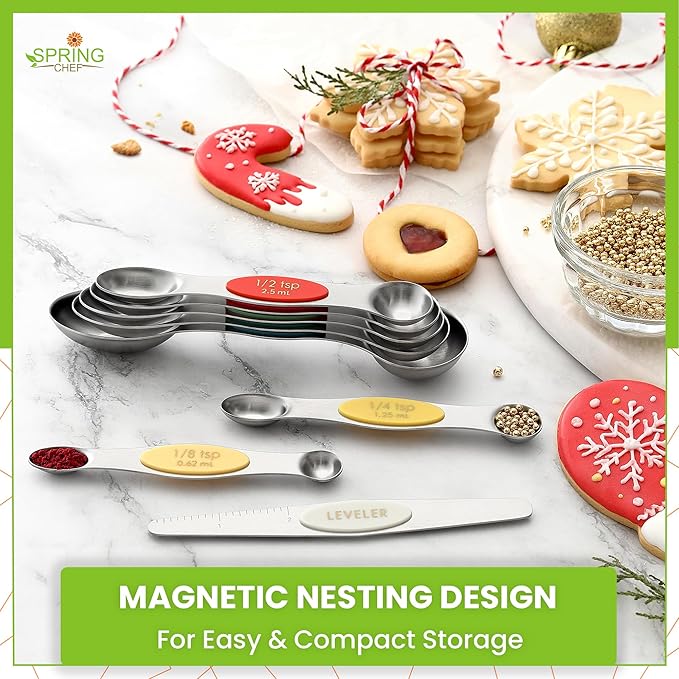 Spring Chef Stainless Steel Magnetic Measuring Spoons Set of 8 with Leveler, Metal Teaspoon & Tablespoon Measure Spoons Set for Baking & Cooking, Stackable & Double Sided Kitchen Gadgets - Very Merry - Image 4