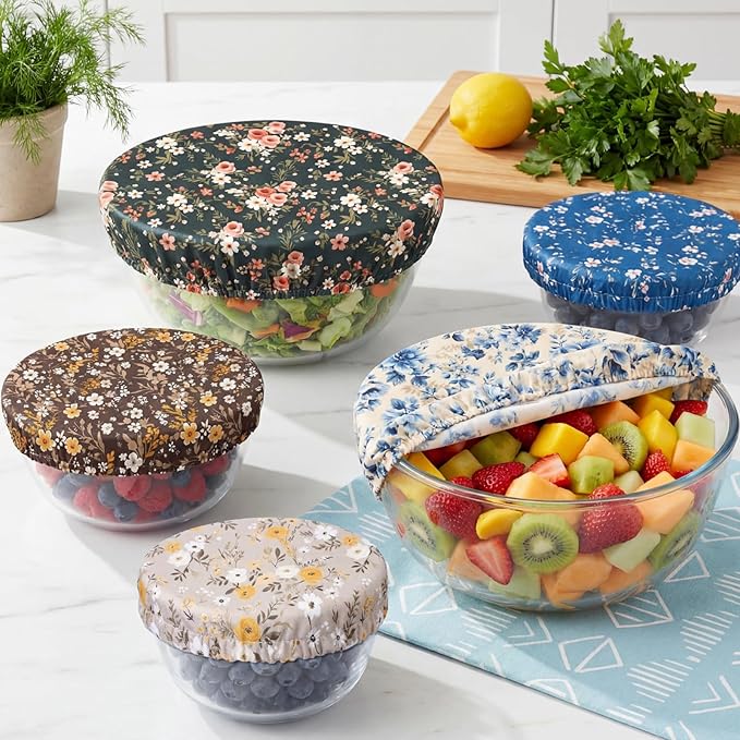 Patelai 10 Pcs Bowl Covers Reusable in 5 Size Stretch Cloth Fabric Elastic Food Storage Bowl Covers Bread Sourdough Lids for Proofing Food Fruits Leftover(Dark Color,Floral Print Style) - Image 3