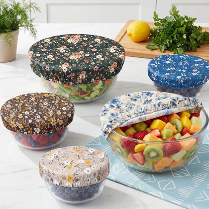 Patelai 10 Pcs Bowl Covers Reusable in 5 Size Stretch Cloth Fabric Elastic Food Storage Bowl Covers Bread Sourdough Lids for Proofing Food Fruits Leftover(Dark Color,Floral Print Style) - Image 3