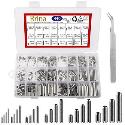 440Pcs 304 Stainless Steel Slotted Spring Pin Assortment Kit, M1.5 M2 M2.5 M3 M4 M5 Split Expansion Dowel Tension Roll Pins
