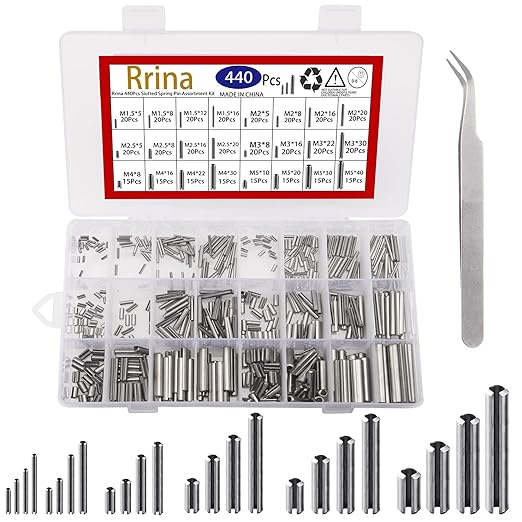 440Pcs 304 Stainless Steel Slotted Spring Pin Assortment Kit, M1.5 M2 M2.5 M3 M4 M5 Split Expansion Dowel Tension Roll Pins