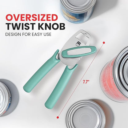 Zulay Kitchen Heavy Duty Stainless Steel Manual Can Opener – Ergonomic Soft Grip Handles, Smooth Edge Cutting Wheel & Large Built In Bottle Opener – Easy Turn Knob for Effortless Use - Mint - Image 4