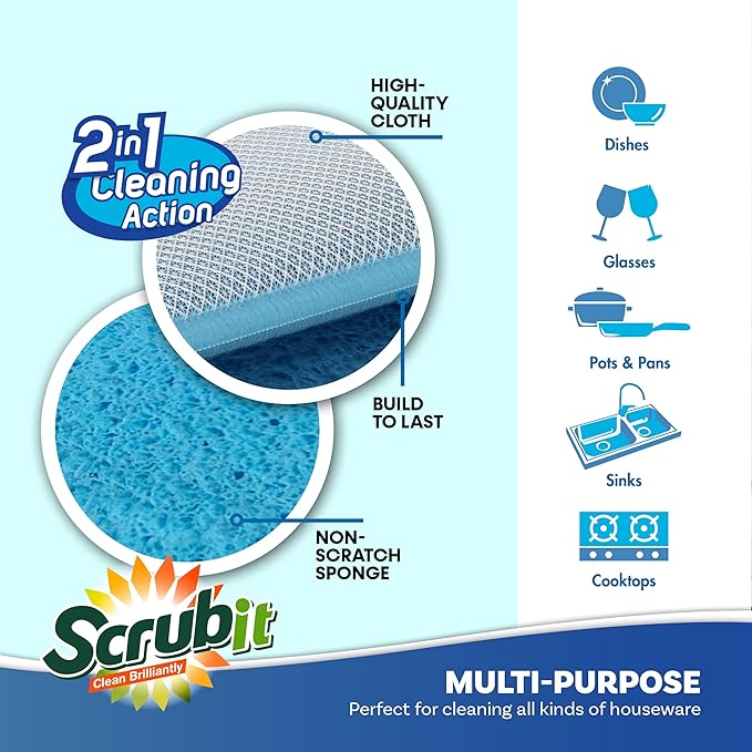 SCRUBIT - [12 Pack] Scrub and Wipe Cleaning Pads – Dual Sided Scouring Pad and Dish Sponge -Reusable Kitchen Sponge for Pots, Pans Utensils & Non-Stick Cookware - Assorted Color Dishwashing sponges - Image 2