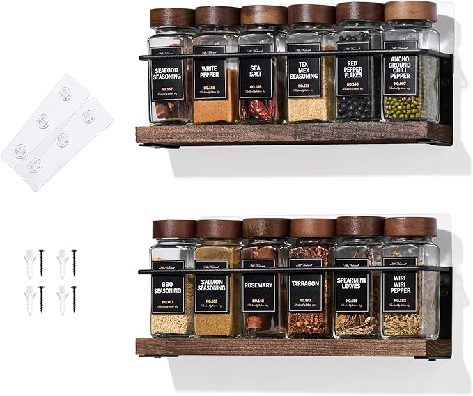 2-Tier Wall Mount Spice Rack Organizer - Screw/Adhesive Mount, Black Metal & Wood Spice Storage for Kitchen Pantry Cabinet, 11.6”L x 2.4”W x 3.2”H,Spice Jars Not Included by KitHero