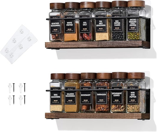 2-Tier Wall Mount Spice Rack Organizer - Screw/Adhesive Mount, Black Metal & Wood Spice Storage for Kitchen Pantry Cabinet, 11.6”L x 2.4”W x 3.2”H,Spice Jars Not Included by KitHero