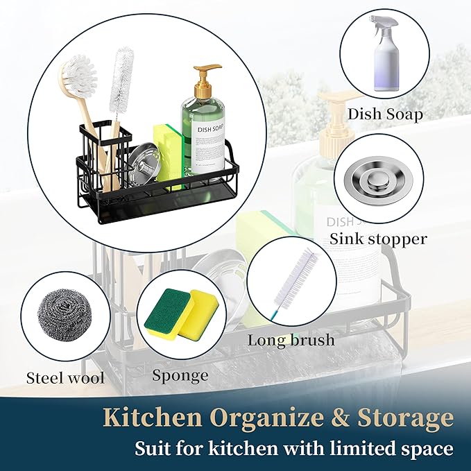 Consumest Sponge Holder for Kitchen Sink - Sink Caddy with Stainless Steel Self Drain Tray, Sink Organizer with High Brush Holder Countertop for Kitchen Sink Accessories, Black - Image 7