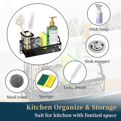Consumest Sponge Holder for Kitchen Sink - Sink Caddy with Stainless Steel Self Drain Tray, Sink Organizer with High Brush Holder Countertop for Kitchen Sink Accessories, Black - Image 7