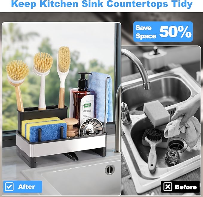 Kitchen Sink Caddy Organizer, Stainless Steel Sponge Holder, Kitchen Caddy Sink Organizer with Dish Brush Holder and Dishcloth Rack, Rustproof Dish Sponge Drying Rack for Countertop Storage - Image 6